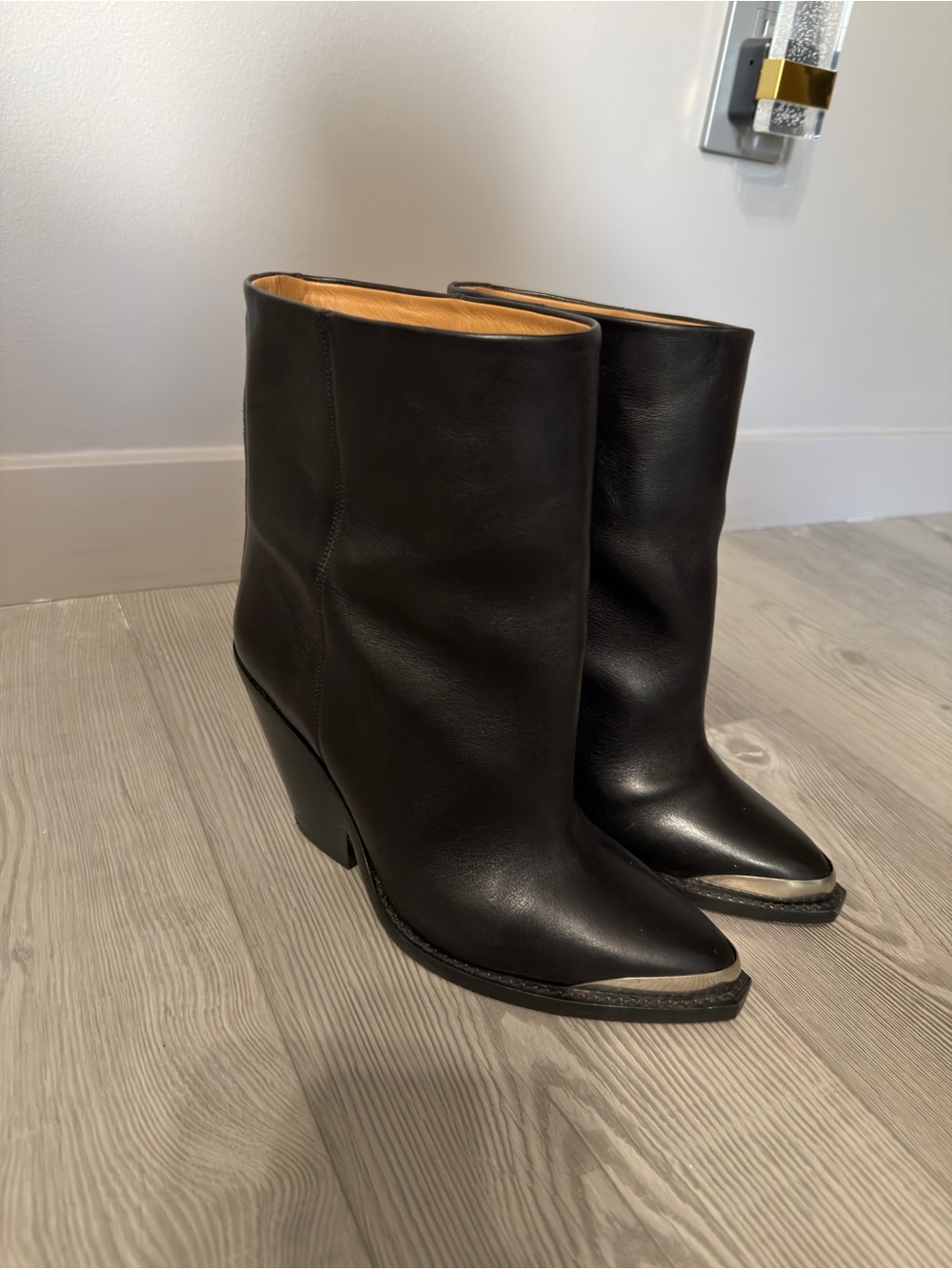 Isabel Marant Black Leather Pointed Ankle Boots with Silver Metal Toe Cap